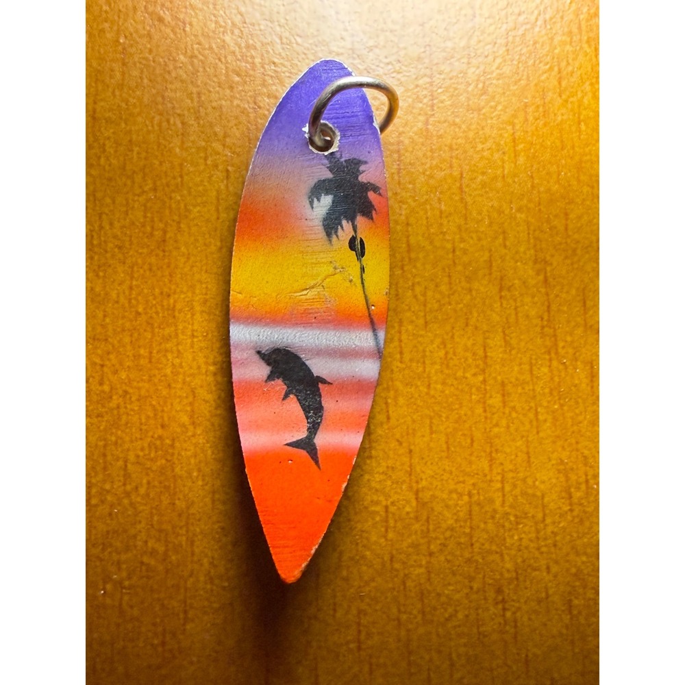 Hand Painted Surfboard Pendant Tropical Sunset Dolphin Palm Tree Beach Jewelry